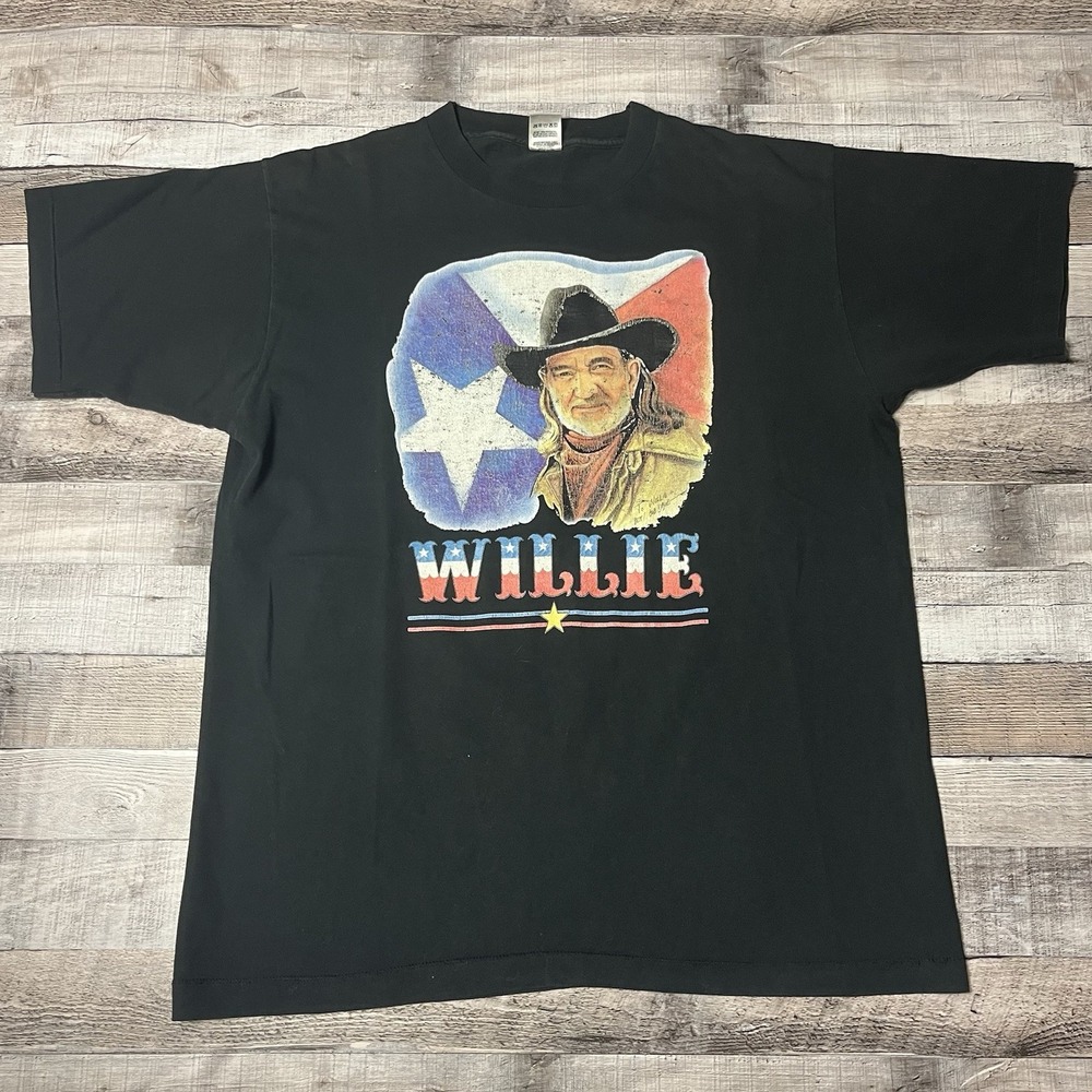 Willie Nelson Shirt Size XL Black Vintage 90s Country Music Band Tee Texas Flag